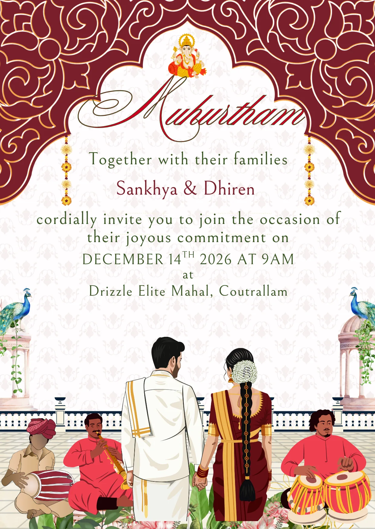 The Wedding — December 14th, 2026, 9 AM at Drizzle Elite Mahal, Kutralam